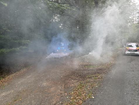 <p>Rauch im Colditzer Forst: Ein Einsatzfahrzeug bahnt sich ist auf einem Waldweg einen Weg durch die k&uuml;nstlich erzeugten Rauchschwaden.&amp;nbsp;</p>